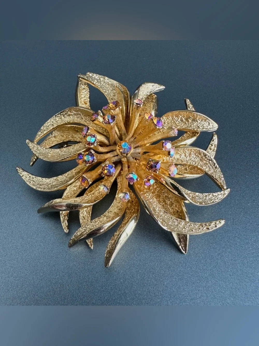Vintage Signed François for Coro 3D Gold Flower Brooch AB Rhinestones Pristine